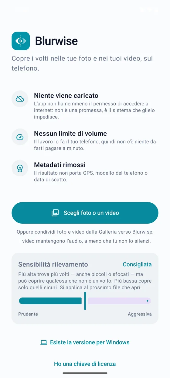 Blurwise per Android — schermata iniziale