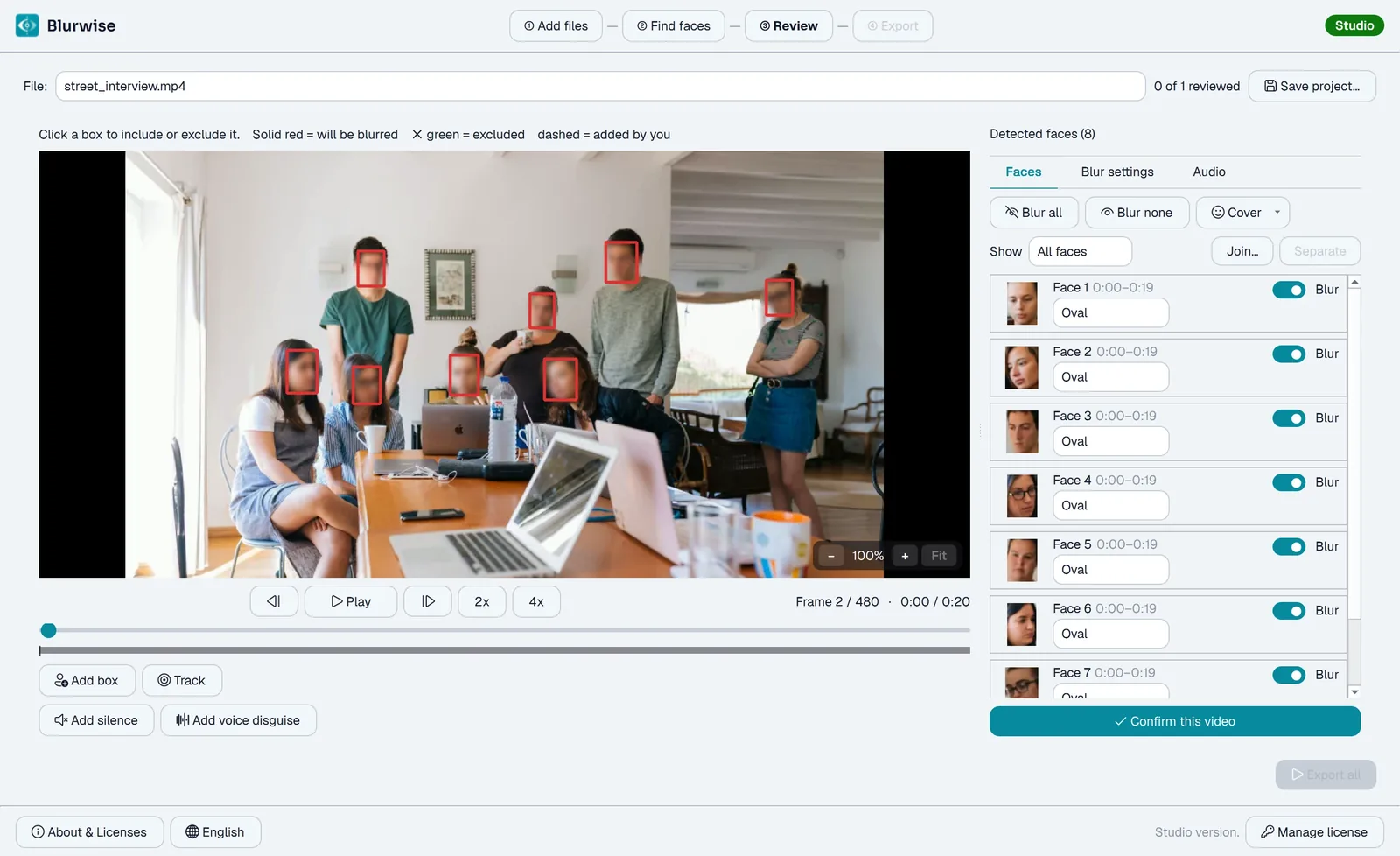 Blurwise review screen: eight faces detected in a video, each with its own blur toggle and cover style