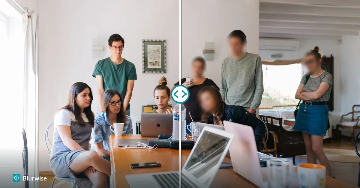 Vorher und nachher – eine Gruppe von Menschen, jedes Gesicht automatisch unscharf