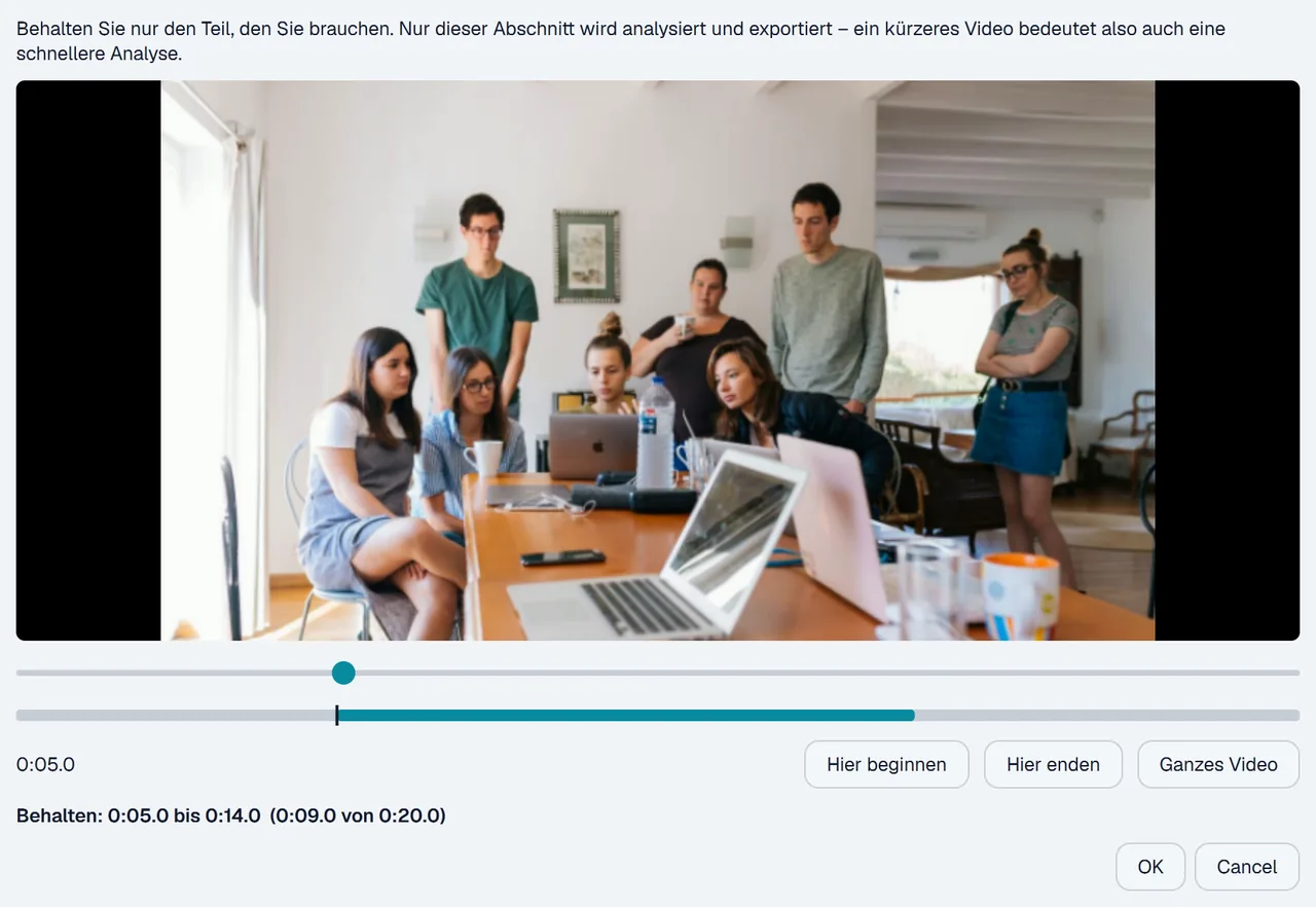 Blurwise-Fenster zum Kürzen, das einen Abschnitt eines Videos behält
