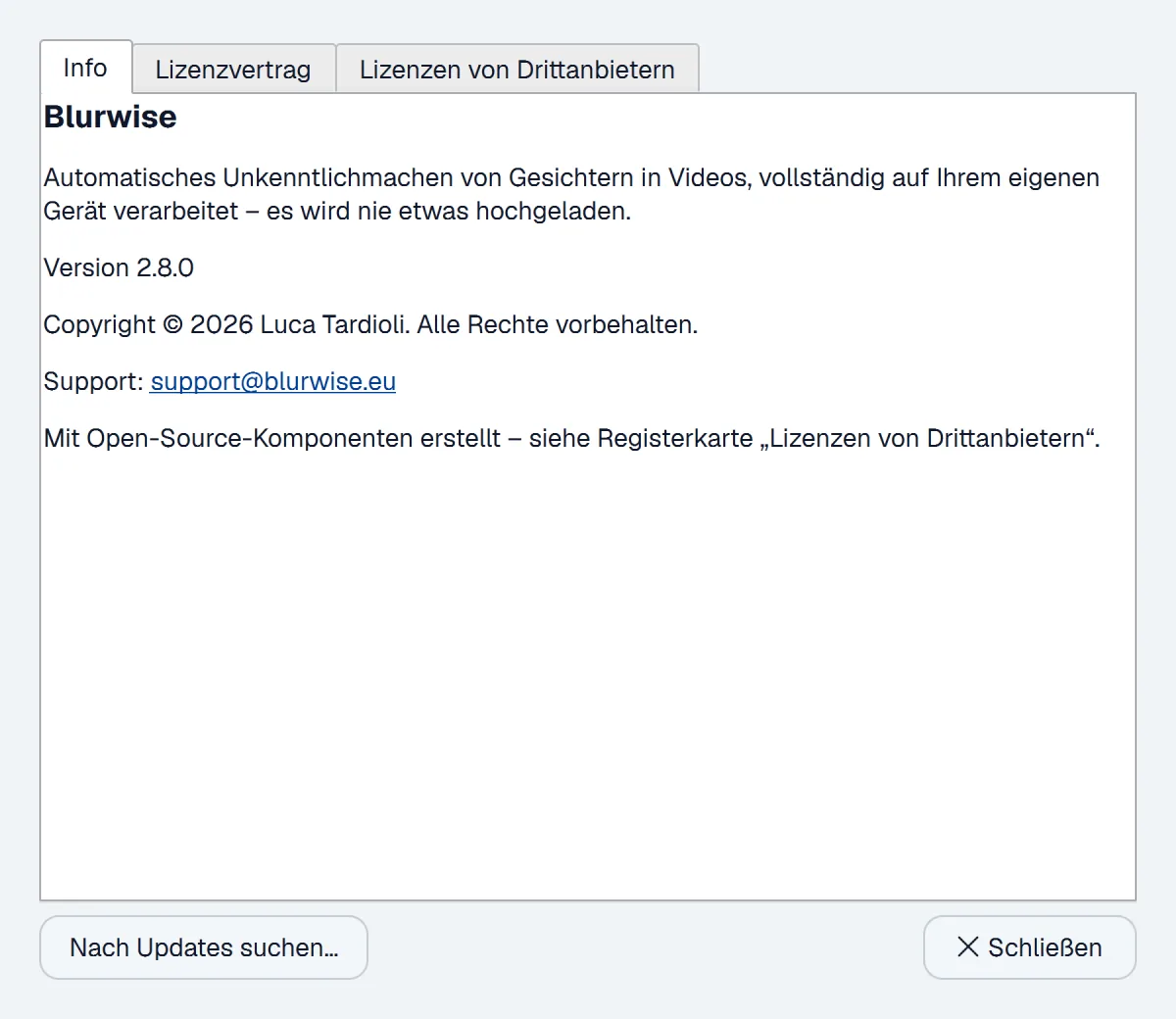 Info-Fenster von Blurwise mit der Schaltfläche „Nach Updates suchen“
