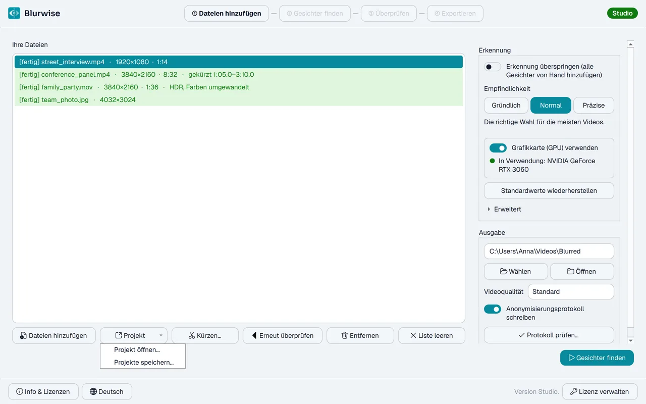 Erste Seite von Blurwise mit geöffnetem Menü „Projekt“: Projekt öffnen und Projekte speichern