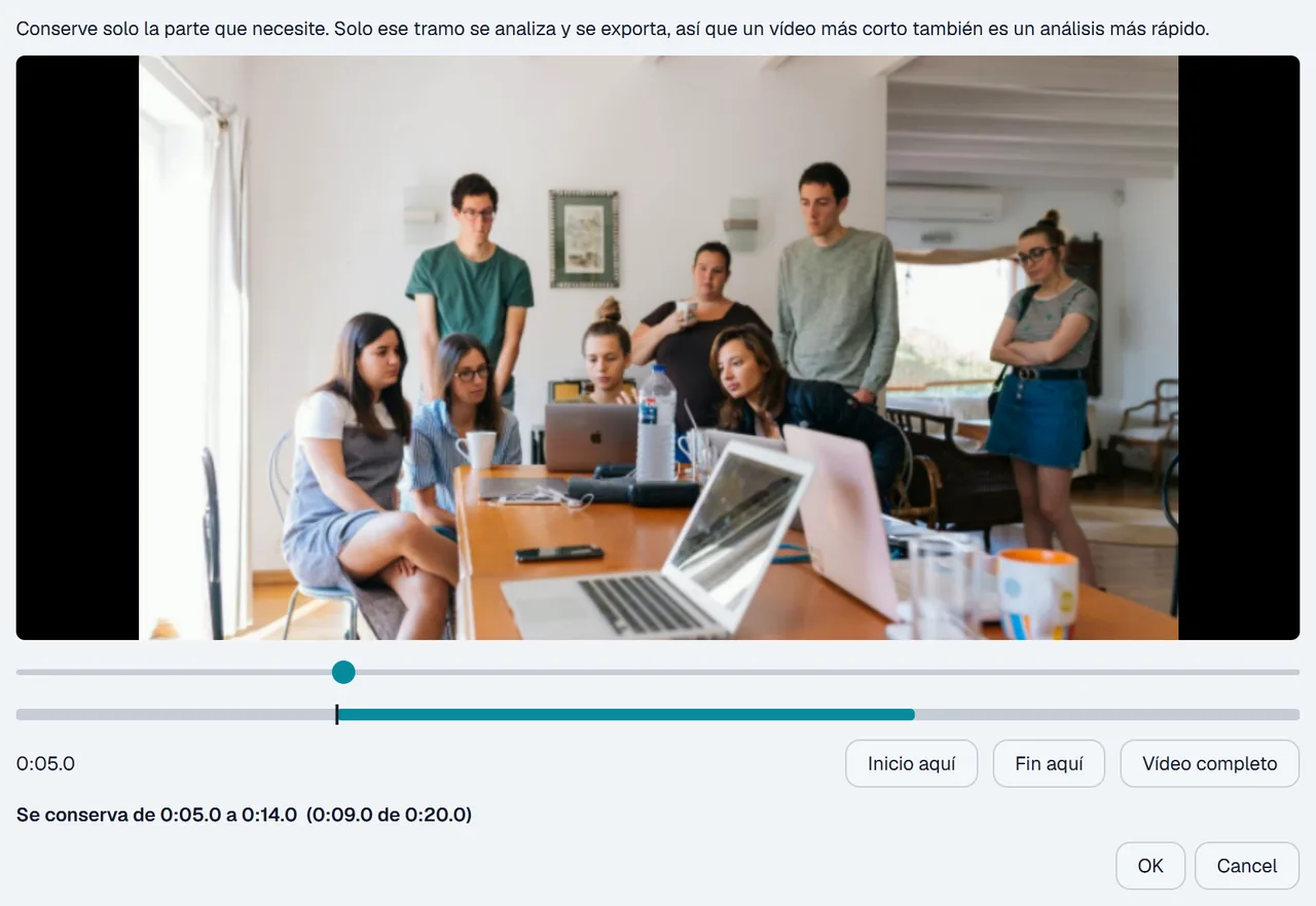 Ventana de recorte de Blurwise conservando un tramo de un vídeo