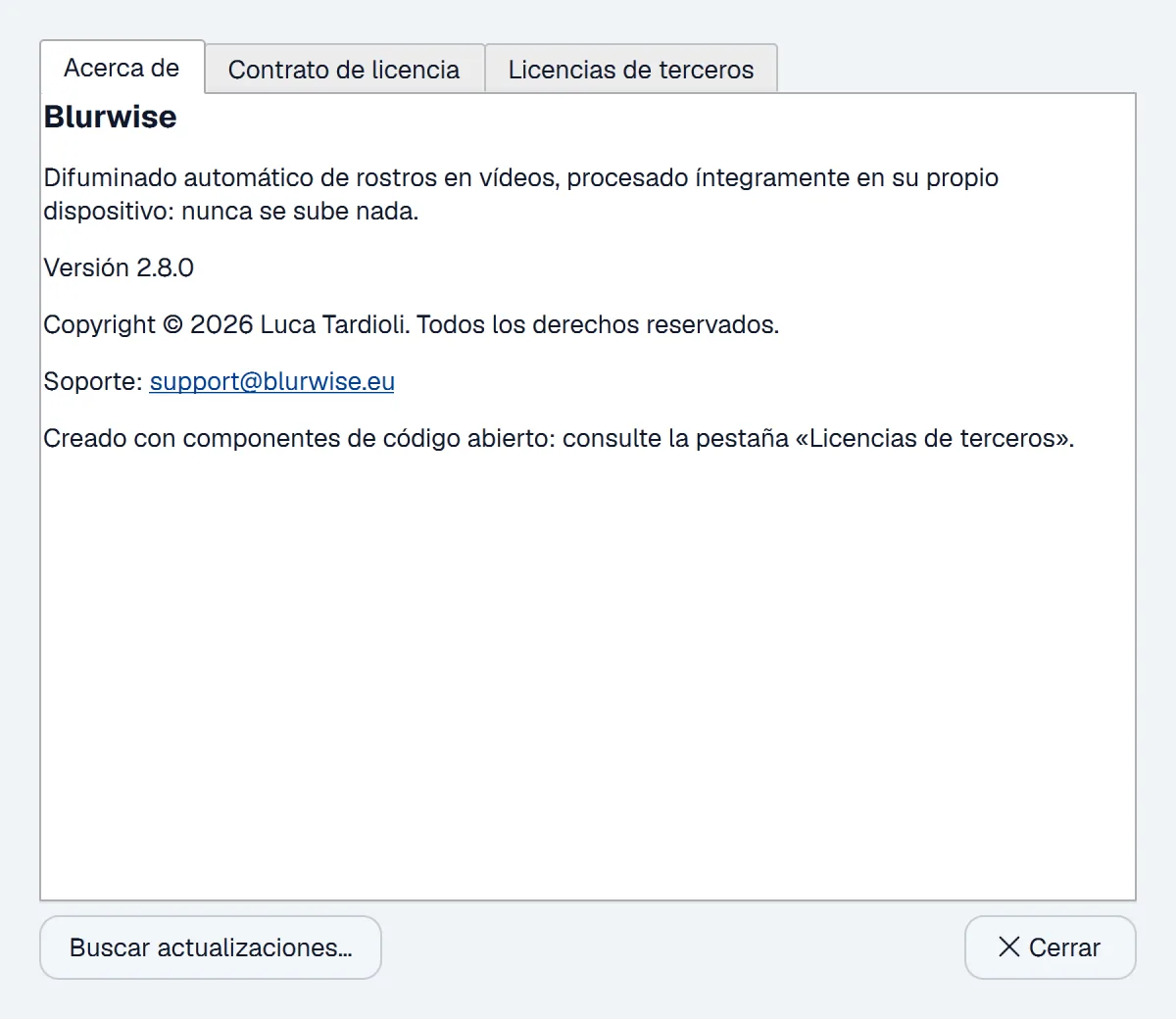Ventana Acerca de de Blurwise con el botón Buscar actualizaciones