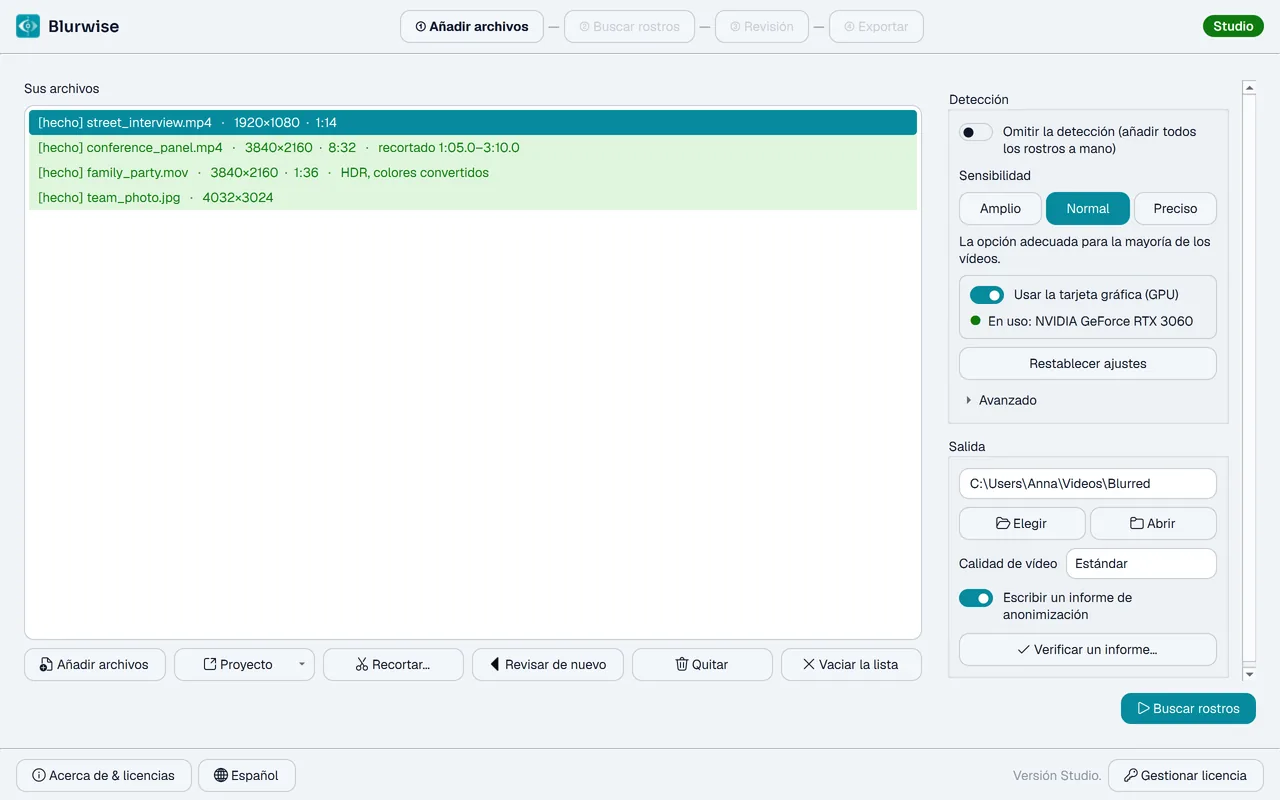 Lista de archivos de Blurwise tras una exportación, con los archivos terminados en verde y el botón Revisar de nuevo