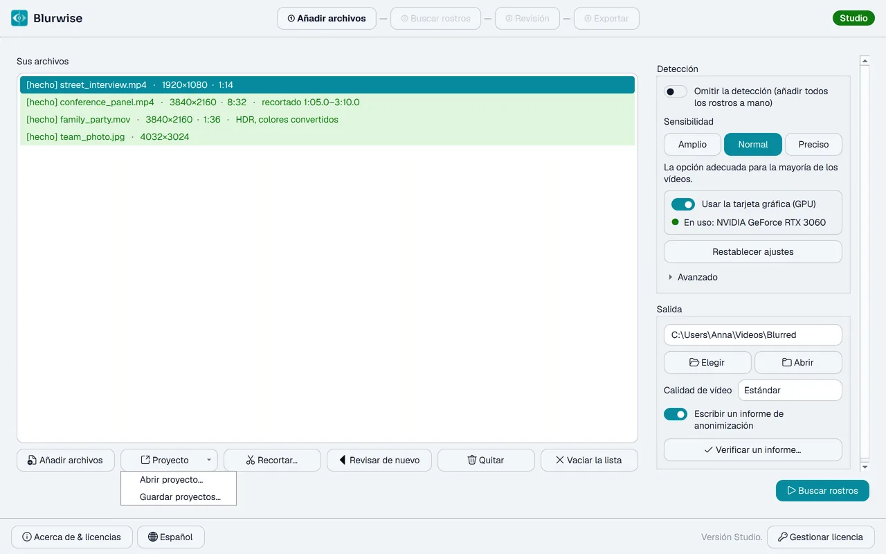 Primera página de Blurwise con el menú Proyecto abierto: Abrir proyecto y Guardar proyectos