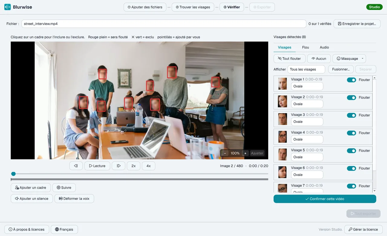 Écran de vérification de Blurwise avec des visages détectés et floutés automatiquement