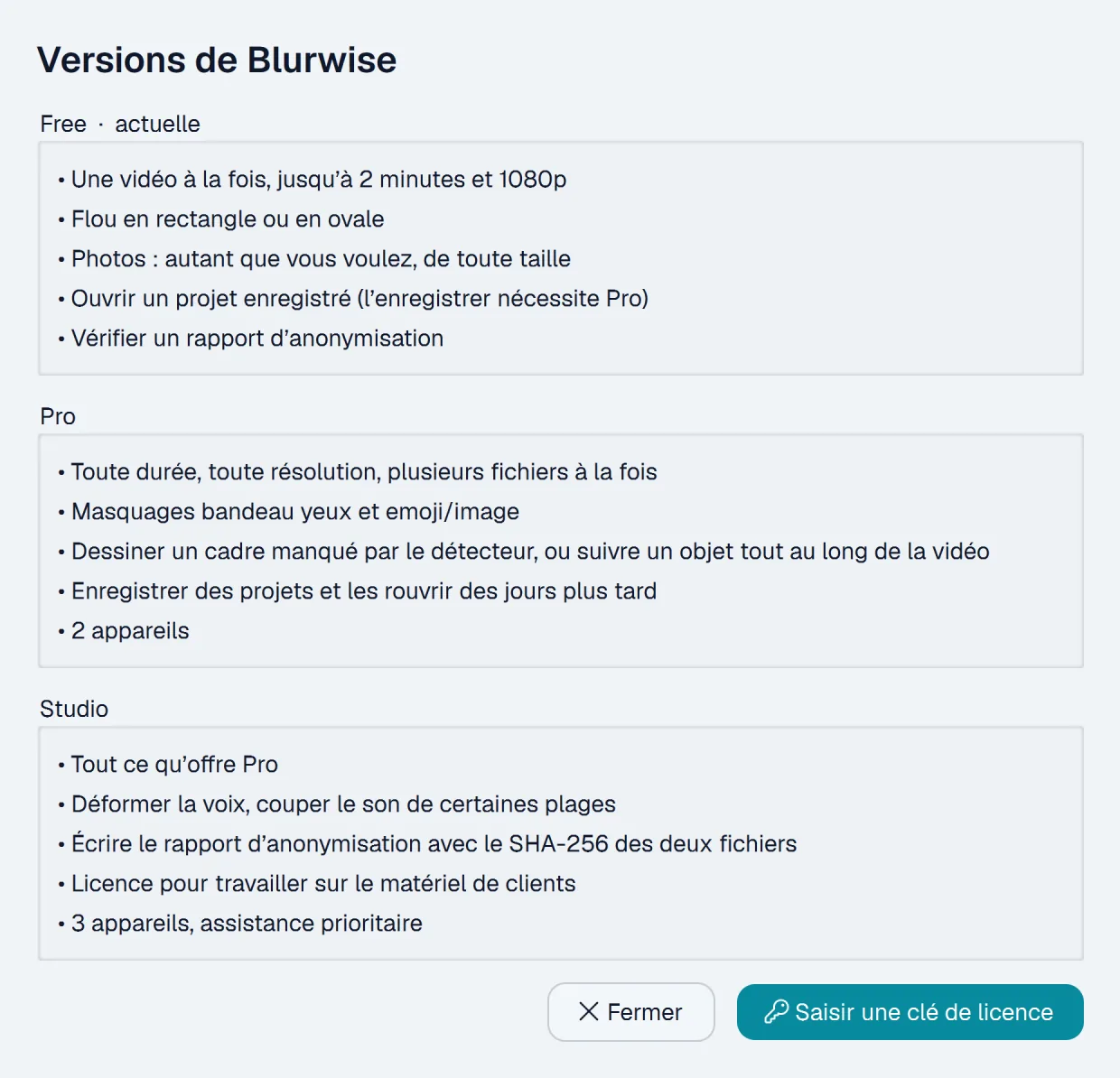 Fenêtre de comparaison des versions de Blurwise