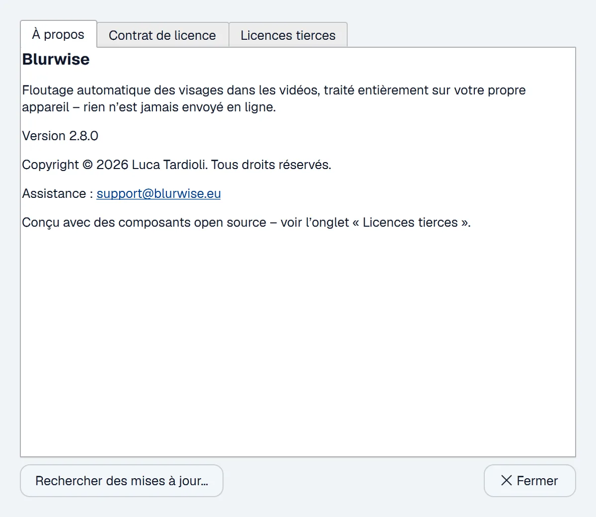 Fenêtre À propos de Blurwise avec le bouton Rechercher des mises à jour