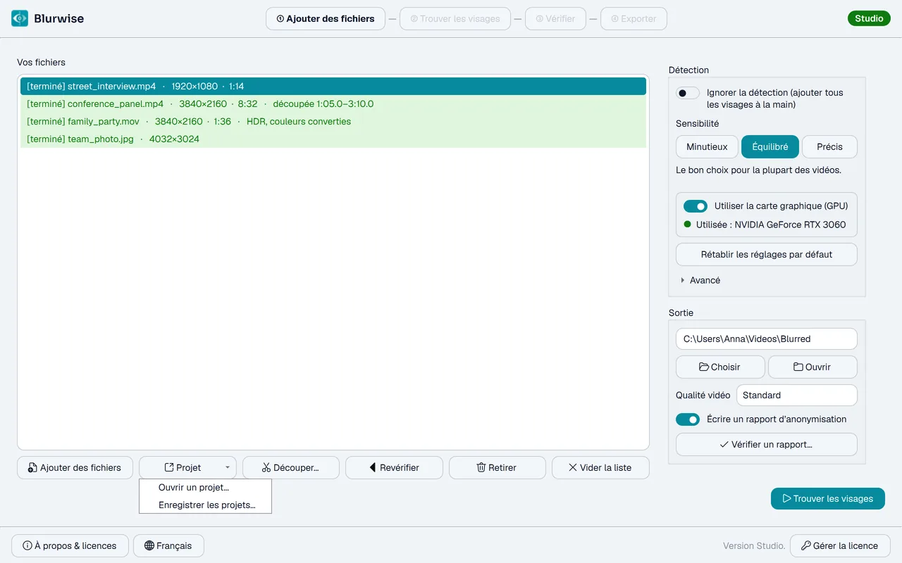 Première page de Blurwise avec le menu Projet ouvert : Ouvrir un projet et Enregistrer les projets