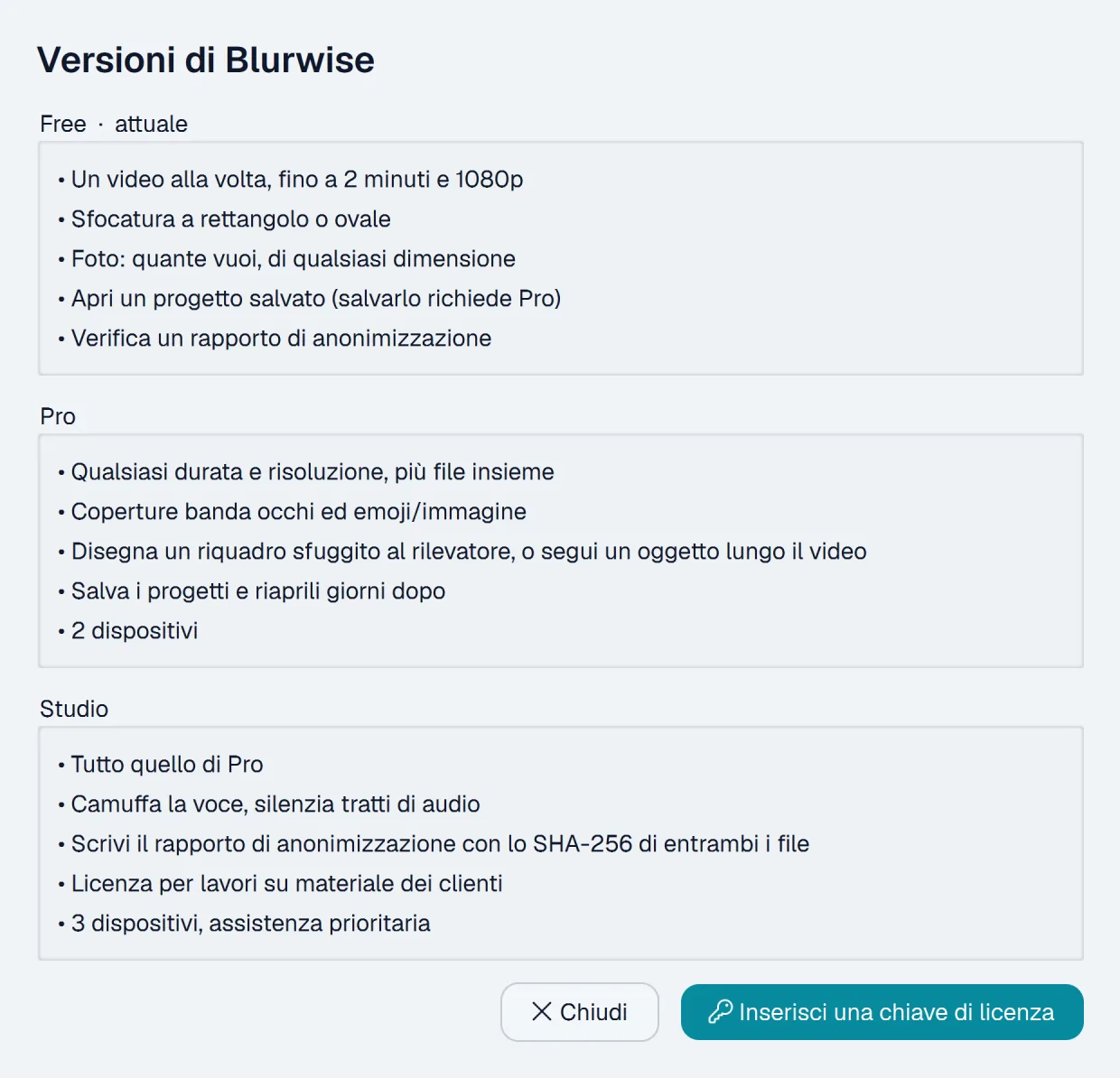 Finestra di confronto delle versioni di Blurwise