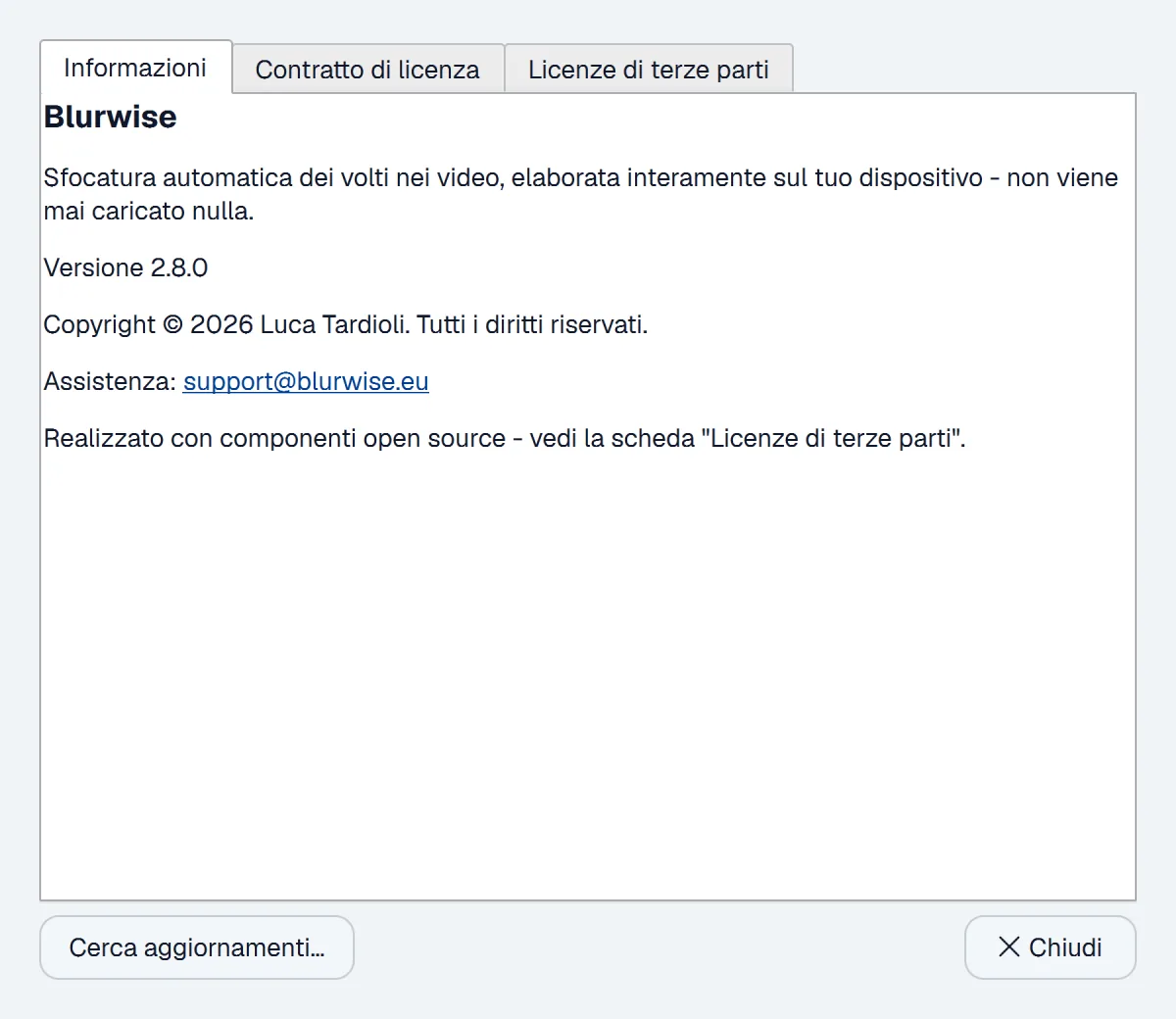 Finestra Informazioni di Blurwise con il pulsante Cerca aggiornamenti